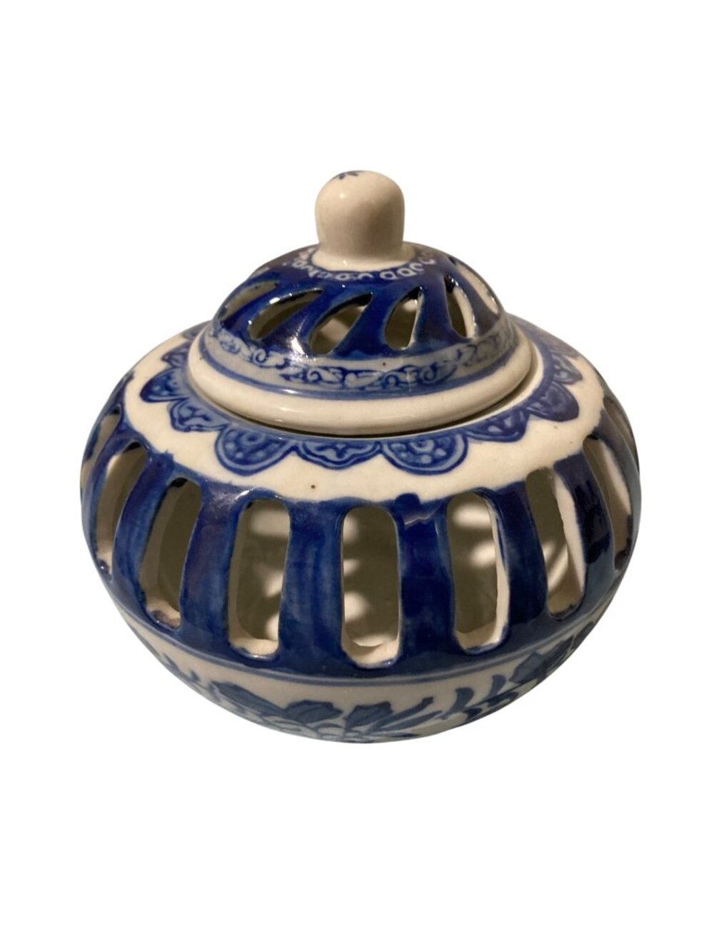 Vintage Blue and White Pierced Porcelain Chinoiserie Potpourri Vessel with Lid